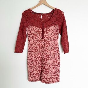 Free People Maroon Lace Fitted Long Sleeve Scoop Neck Baroque Dress